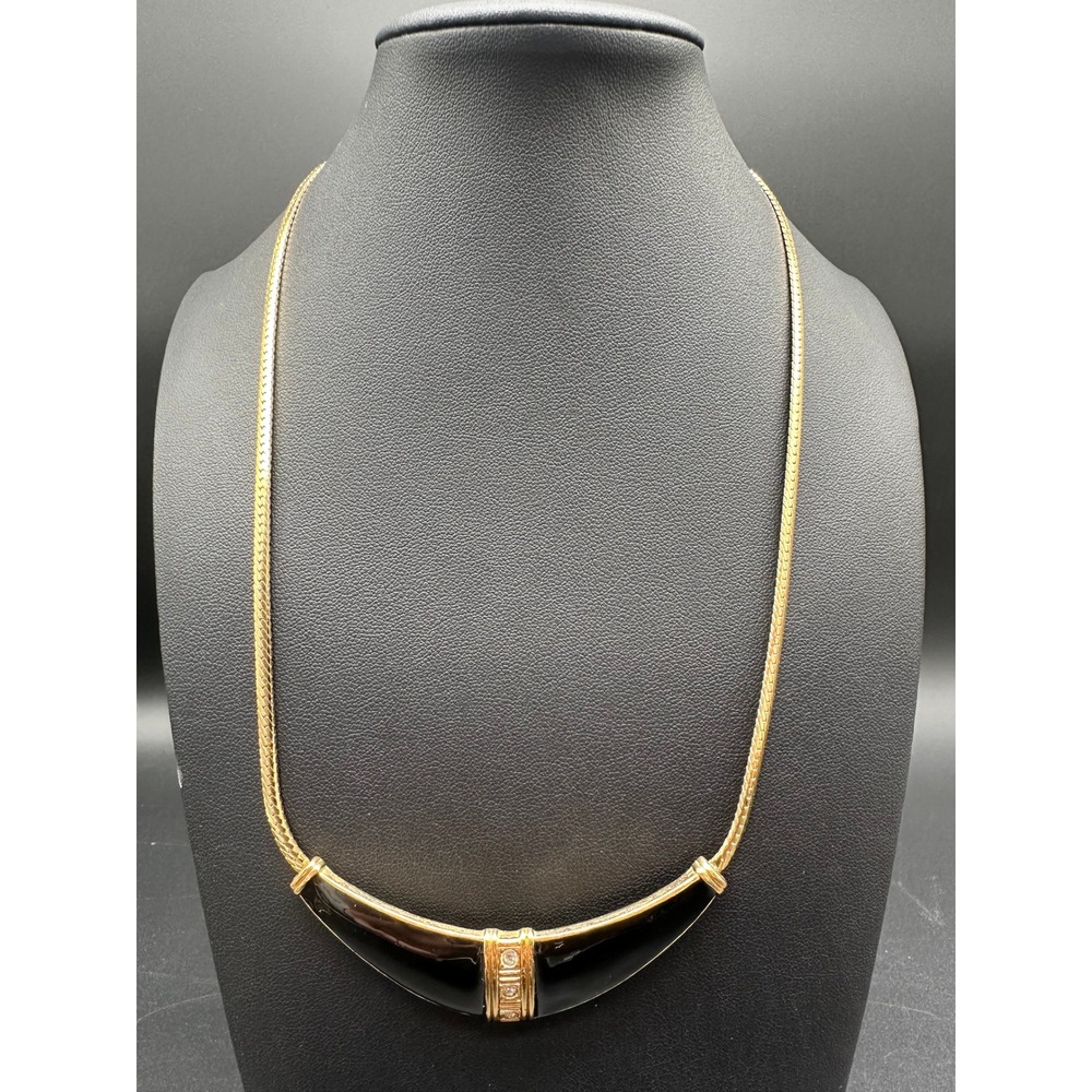 Vintage Avon Gold Tone Black Enamel Rhinestone Bib Necklace 19" Herringbone